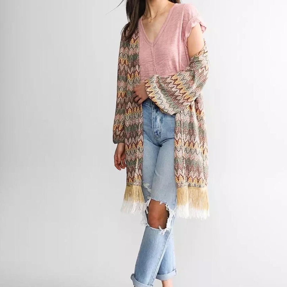 Buckle Fringe Duster Medium Chevron Jacquard Kimono Boho Western